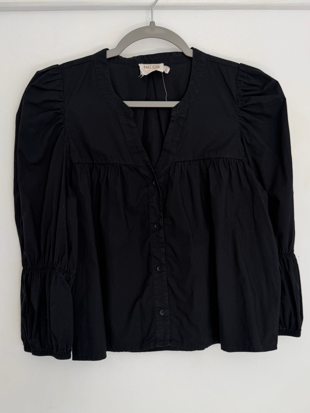 Nation LTD "Geneva" 100% Pima Cotton Black Button Front Puff Sleeve Top